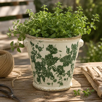 Dosayes Vintage Ceramic Flower Pot with Drainage Holes and Handle,Ice Crack Country Rustic Planters for Indoor Outdoor,Tuscan Decor,Home and Garden Decor,Gardening Present (Green)
