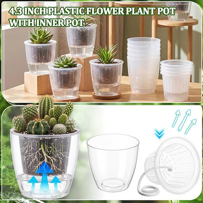 72 Pcs Self Watering Pots 3.5 Inch Plastic Flower Plant Pot with Inner Pot Self Watering Wick Planter White Clear Flower Pots for Indoor House Plants Herbs, Flowers, Succulents (Transparent)