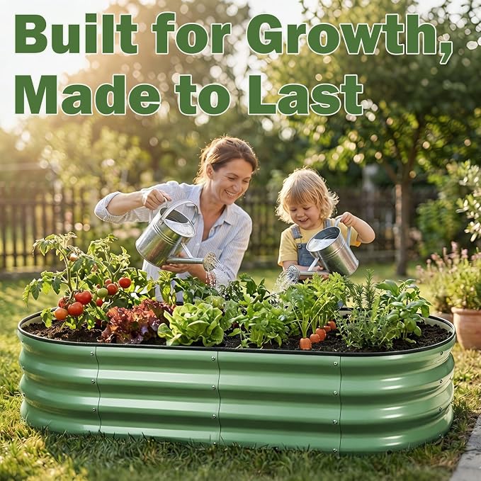 2 PCS Galvanized Raised Garden Bed 4x2x1 Ft, Oval Metal Outdoor Planter Box Kit with Safety Rubber Edge, Easy Assemble Bottomless Large Planting Container for Vegetable, Flower, Fruit, Green