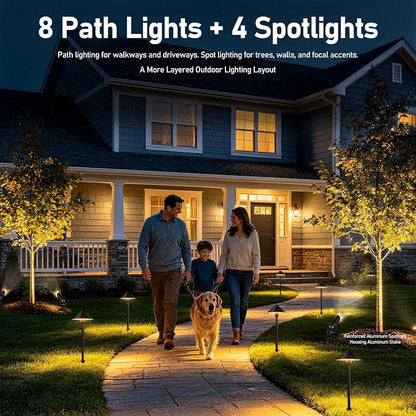 12-Light Low Voltage Landscape Lighting System, 8 Pathway Lights & 4 Spotlights, 60W 24V ETL Controller, Plug-and-Play, IP65 Waterproof, Remote & Timer, 3000K Warm White, 127FT for Path Garden