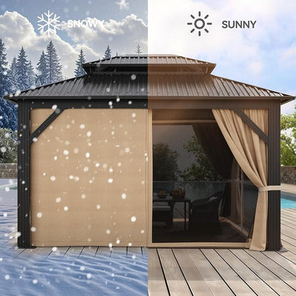 YITAHOME 12x14ft Gazebo Double Roof Hardtop Heavy Duty w/Nettings,Curtains | Upgraded Outdoor Canopy Aluminum Column Galvanized Steel Vertical Stripes Roof for Patio, Backyard, Deck, Lawns, Brown
