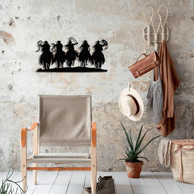 LIYAOLI 3D Vintage Western Wall Decor,Black Metal Cowboy Wall Art Hanging Riding Rustic Cowboys Party Decorations Farmhouse Home Decor,Metal Wall Sculptures for Living Room,Bedroom
