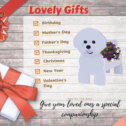 Bichon Frise Dog Planter Pots, 9.45 x 8.27 x 13.39 Inches | Dog Flower Pot, Cute Animal Shaped Plant Pot, Gifts for Women & Pet Lovers, Indoor Outdoor Garden Home Office Decor