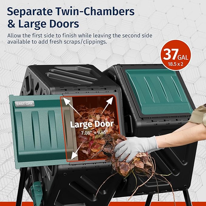 East Oak Dual Chamber Outdoor Compost Tumbler, 2 × 18.5 Gallon Compost Bin, Rotating Composter with Aeration and Locking System for Garden, Kitchen, Yard