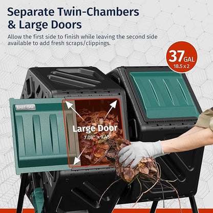 East Oak Dual Chamber Outdoor Compost Tumbler, 2 × 18.5 Gallon Compost Bin, Rotating Composter with Aeration and Locking System for Garden, Kitchen, Yard