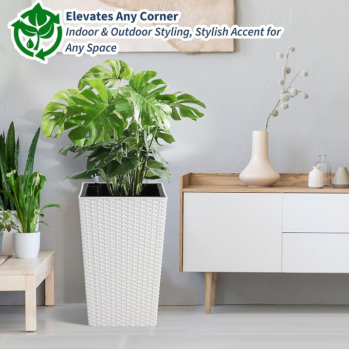 Garvee 16 Inch Outdoor Planters, Set of 2 Tall Planters, White Large Planters for Indoor Outdoor Plants, Flower Pots with Drainage & Water Level Window for Porch, Patio & Balcony
