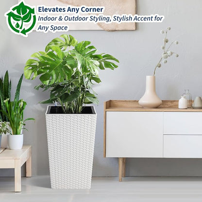 Garvee 16 Inch Outdoor Planters, Set of 2 Tall Planters, White Large Planters for Indoor Outdoor Plants, Flower Pots with Drainage & Water Level Window for Porch, Patio & Balcony