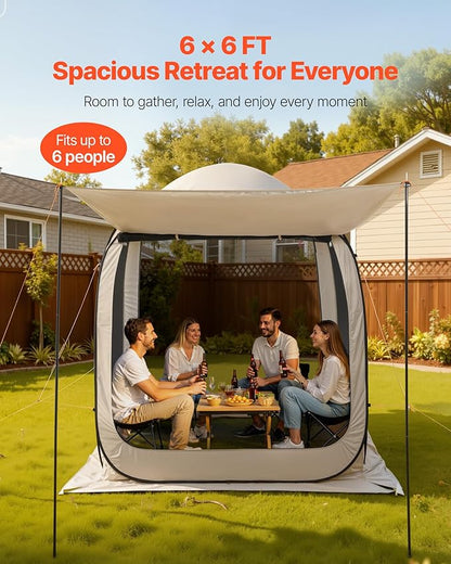 VEVOR Pop Up Screen House Tent, 6 x 6 ft, 4-6 Person Screen Gazebo with Extended Awning, Portable Screened in Canopy with Carry Bag, Netting Sides, for Patio, Backyard, and Outdoor Activities, Beige