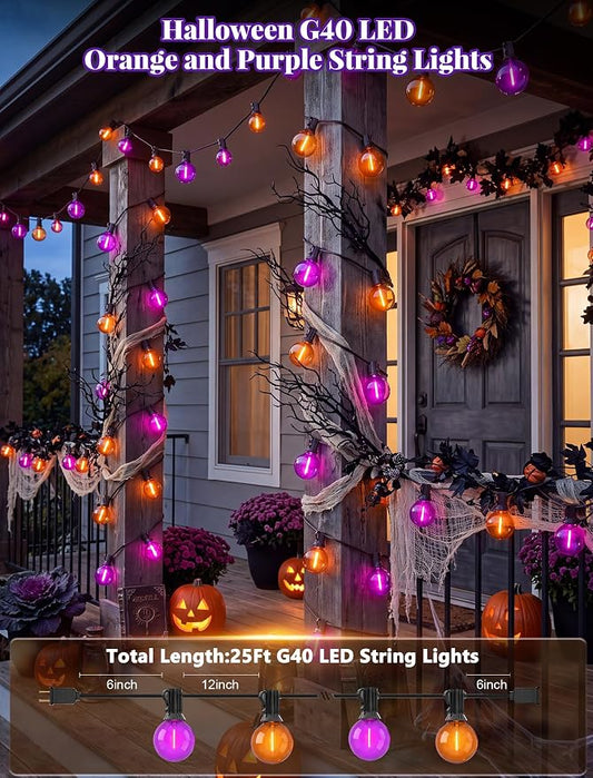 25 LED Outdoor String Lights, 25Ft Halloween Decoration Lights | Shatterproof Orange Purple G40 Bulbs, Connectable, Plug in, UL Certified, Hanging Halloween Lights for Home Decor Patio