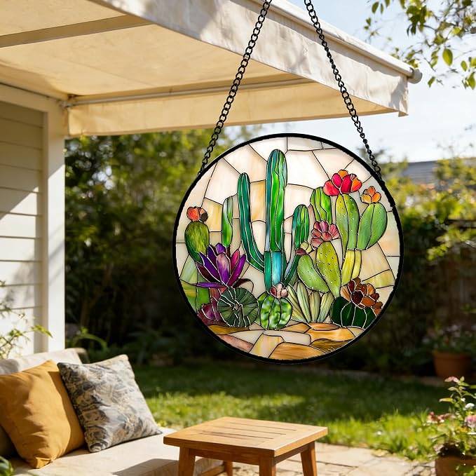 DASTOLL Stained Glass Window Hanging, White Green Cactus Suncatcher Diamond Glass Panel Hangings Sun Catchers Decor for Birthday for Women, Men, Wife, Aunt, and Mom 9.8 in