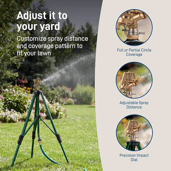 Orbit Tripod Lawn Zinc Impact Sprinkler - 360 Degree Rotating Yard Sprinkler with Adjustable Height - Heavy-Duty Zinc - High-Pressure Nozzle - for Large Lawn Coverage - 56667