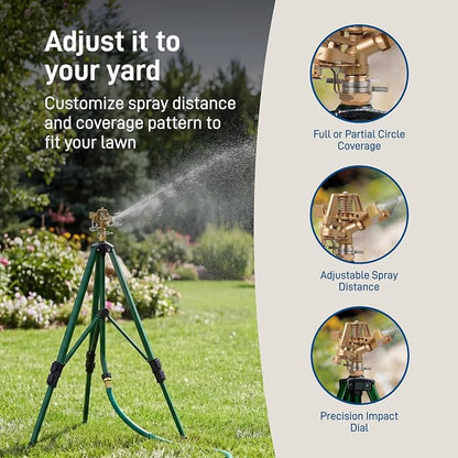 Orbit Tripod Lawn Zinc Impact Sprinkler - 360 Degree Rotating Yard Sprinkler with Adjustable Height - Heavy-Duty Zinc - High-Pressure Nozzle - for Large Lawn Coverage - 56667