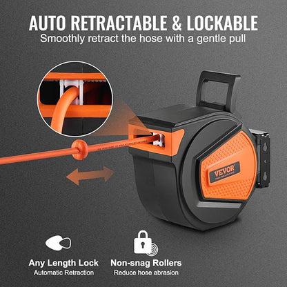 VEVOR Retractable Hose Reel, 100 ft x 1/2 inch, Garden Water Hose Reel with 9-Pattern Nozzle & Retractable Air Hose Reel, 3/8 IN x 50 FT Hybrid Air Hose Max 300PSI