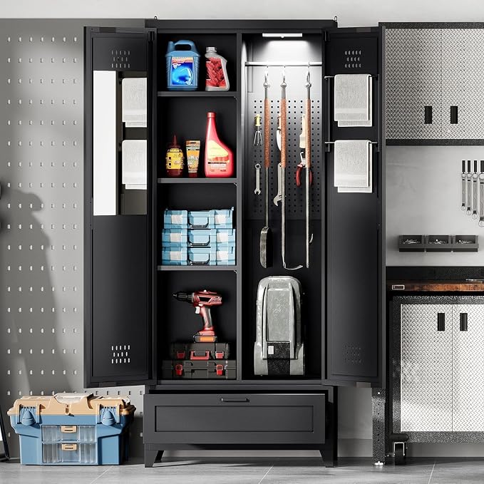 YITAHOME 71" Metal Garage Broom Cabinets with Adjustable Shelves, Vacuum Storage Cabinet with Doors and Drawer, Tool Storage Cabinet for Gym, Basement, Warehouse, Black, Metal | Built-in Pegboard, Adjustable Shelves, Heavy-Duty Metal, for Garage Gym Ba...