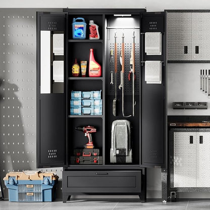 YITAHOME 71" Metal Garage Broom Cabinets with Adjustable Shelves, Vacuum Storage Cabinet with Doors and Drawer, Tool Storage Cabinet for Gym, Basement, Warehouse, Black, Metal | Built-in Pegboard, Adjustable Shelves, Heavy-Duty Metal, for Garage Gym Ba...