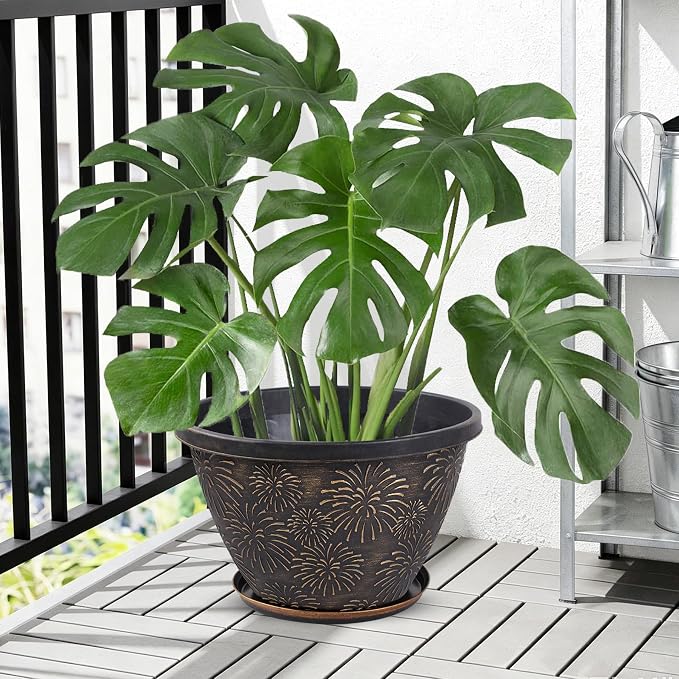 Nooulap 4 Pack 16 Inch Large Plant Pots with Drainage Holes and Saucers,Firework Embossed Plastic Planters, Flower Pots for Indoor Outdoor, Perfect for Large Plants, Trees, Patio and Home Decor