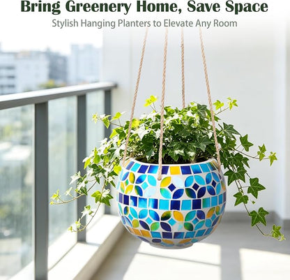 Ceramic Hanging Planter Mosaic Hanging Flower Pot Small Plant Pot for Indoor Plant Garden Decor Disco Ball Planter with Drainage Square Blue