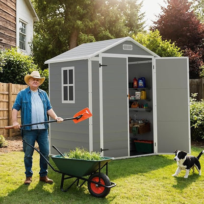 Greesum 6x4FT Plastic Outdoor Storage Shed, Resin Shed with Floor and Window, Tool Sheds with Lockable Door and Vent, for Garden, Garage, Backyard, Lawn, Light Gray