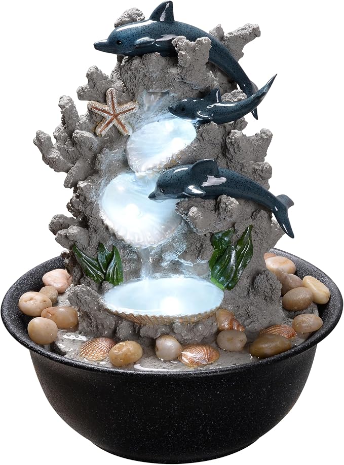 Indoor Tabletop Dolphin Water Fountain with LED Light – Ocean Theme Desk Decor and River Rocks, Relaxing Sound Machine for Sleep & Office, Zen Home Décor Gift for Women, Living Room Decoration