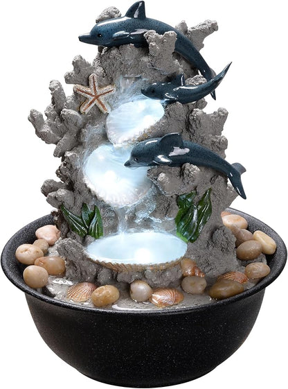 Indoor Tabletop Dolphin Water Fountain with LED Light – Ocean Theme Desk Decor and River Rocks, Relaxing Sound Machine for Sleep & Office, Zen Home Décor Gift for Women, Living Room Decoration