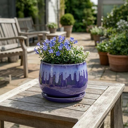 Ceramic Flower Pots - 7 Inch Indoor Planter with Drainage Hole and Saucer, Decorative Unique Flower Pot for Indoor Plants, Round Plant Pots, Office Patio Decor, Garden Gifts Women, Blue