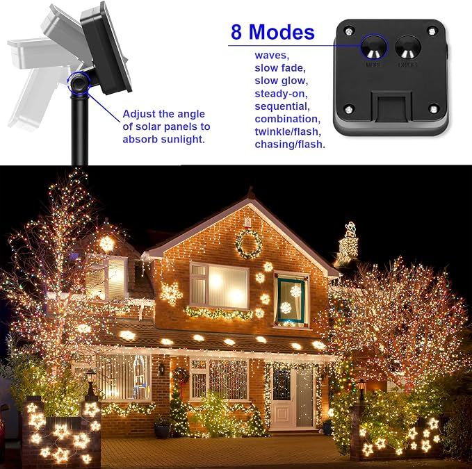 Solar String Lights for Outside, Fairy Lights Outdoor Waterproof, Warm White 2Pack Total 200LED 66Ft 8 Modes Mini Small Solar Powered Lights for Christmas, Garden, Patio, Fence, Balcony