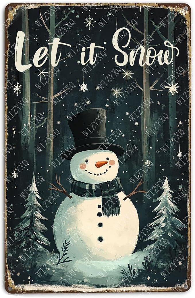 Let It Snow Snowman Signs Snowflakes Metal Sign Aluminum Tin Sign for Home Farmhouse Yard Garden Office Outdoor Gate 12×8 Inch