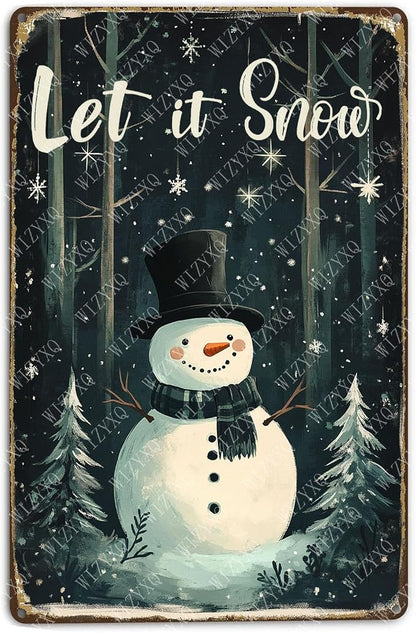 Let It Snow Snowman Signs Snowflakes Metal Sign Aluminum Tin Sign for Home Farmhouse Yard Garden Office Outdoor Gate 12×8 Inch