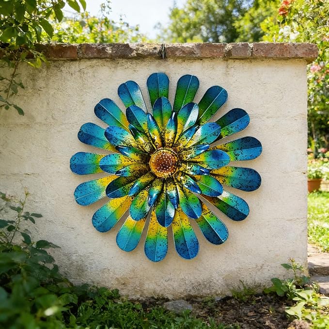 HOOEN Metal Flowers Wall Decor, 2-Pack Wall Art Decorations Hanging for Indoor Outdoor Home Garden Farmhouse Yard Patio Fence Living Room Bedroom Decor