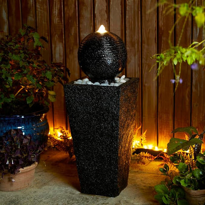 Glitzhome Outdoor Water Fountain with LED Light & Pump, Black Pedestal Sphere Fountain Decorative Water Fountains, Modern Waterfall Floor Fountain with Pebbles for Garden Patio Decor Porch, 31.75”H
