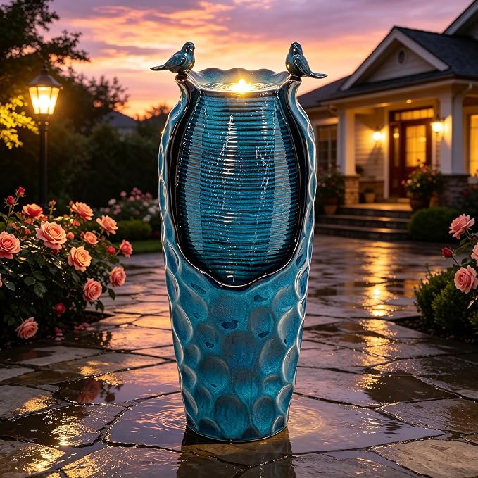 Autodaya 33" Vase Ceramic Outdoor Water Fountain with Lights and Birds | teal blue glazed water feature with textured design, ambient soothing cascading water flow for garden patio yard sanctuary