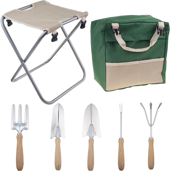Pure Garden Folding Garden Stool with Tool Bag Plus 5 Garden Tools,Tan, Green and Silver