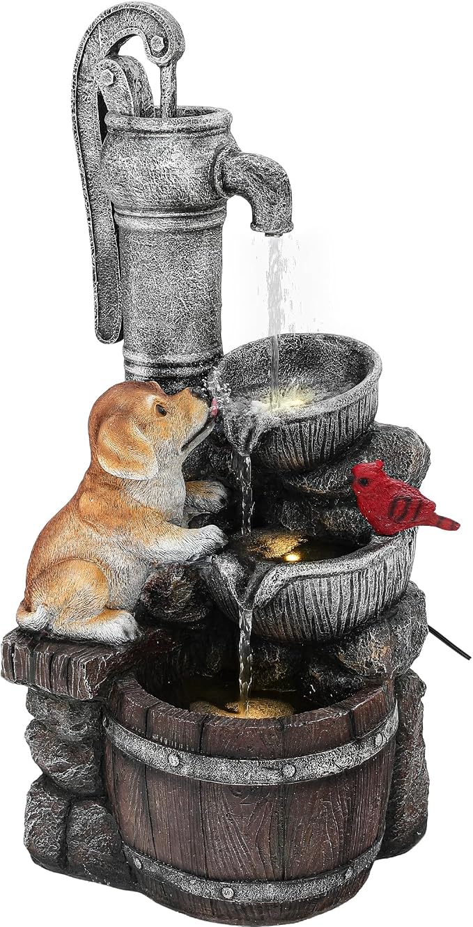 30" Puppy & Red Bird Outdoor Fountain, 3-Tier Pastoral Water Feature with LED Lights, Resin Two Bowls & Wooden Barrel Soothing Cascading Waterfall for Patio, Backyard, Garden | Pastoral Two Bowls & Wooden Barrel Water Feature Outdoor, 3-Tiers Soothing ...