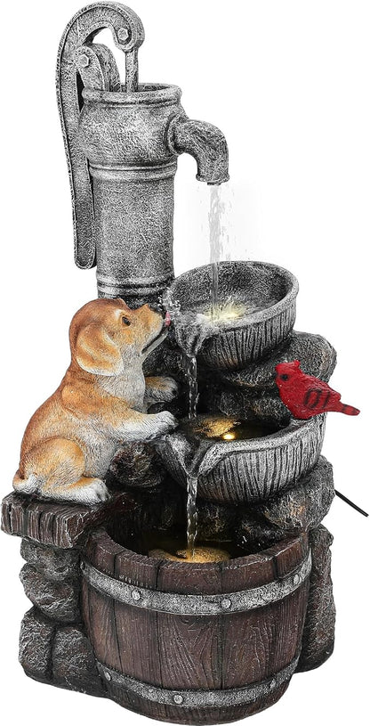 30" Puppy & Red Bird Outdoor Fountain, 3-Tier Pastoral Water Feature with LED Lights, Resin Two Bowls & Wooden Barrel Soothing Cascading Waterfall for Patio, Backyard, Garden | Pastoral Two Bowls & Wooden Barrel Water Feature Outdoor, 3-Tiers Soothing ...