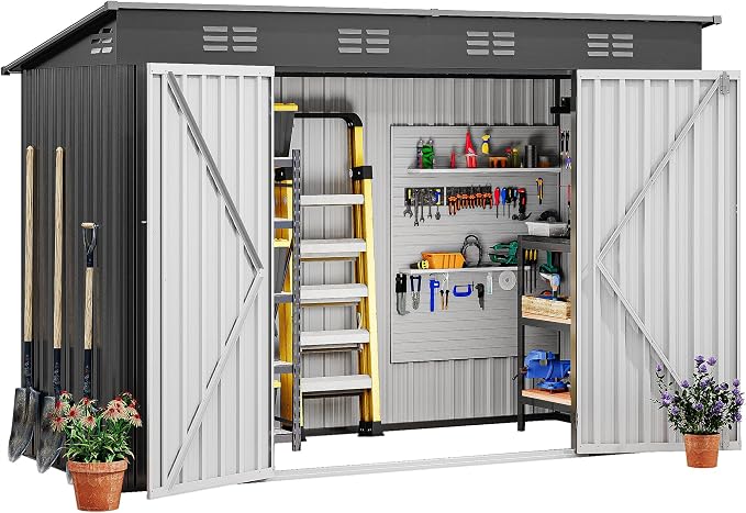 DWVO 9x4ft Large Tool Storage Shed with Lockable Doors, and Sloped Roof, Oversized Steel Outdoor Storage Shed for Garden, Patio, Garage, Backyard, Lawn - Dark Gray
