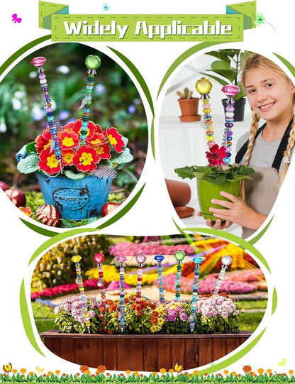 336 Pcs Beaded Garden Stakes DIY Fairy Wand Kit | 272 Colorful Assortment Round Large Hole Beads, Sparkling Silver Crystal Pendants, Stopper Top, For Outdoor Beadable Items