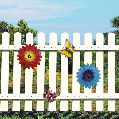 Outdoor Metal Flowers Butterfly Wall Art Decor, Fence Wall Art Decoration, Suitable for Hanging Decoration on Outdoor Fences, Gardens, Courtyards, and Terraces (4, Colorful)