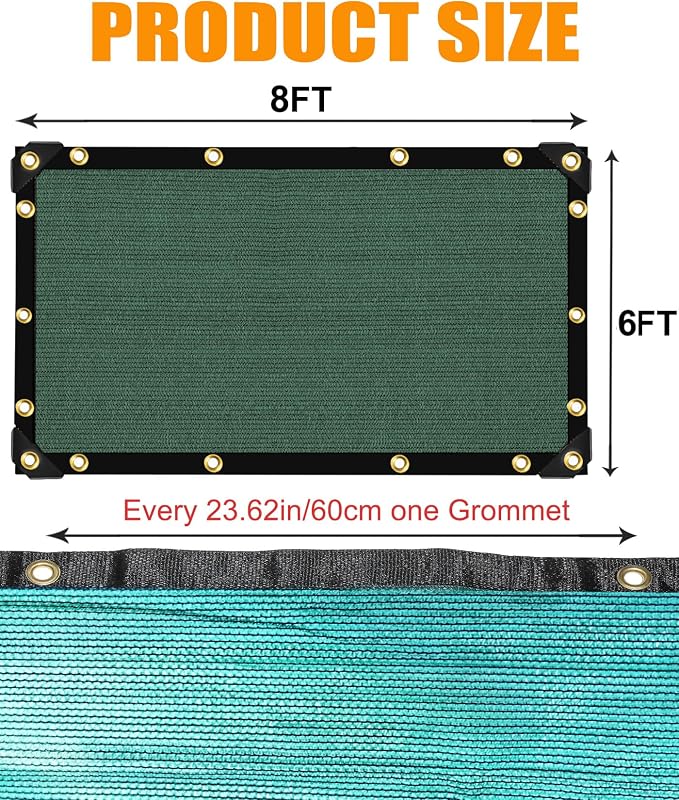 70% Green Colored Shade Cloth 6ft x 8ft Sun Shade Netting with Grommets | Breathable UV Block Balanced Shade for Garden, Plants Cover Patio, Pergola, Chicken Coop, Kennel, Vegetables, Greenhouse