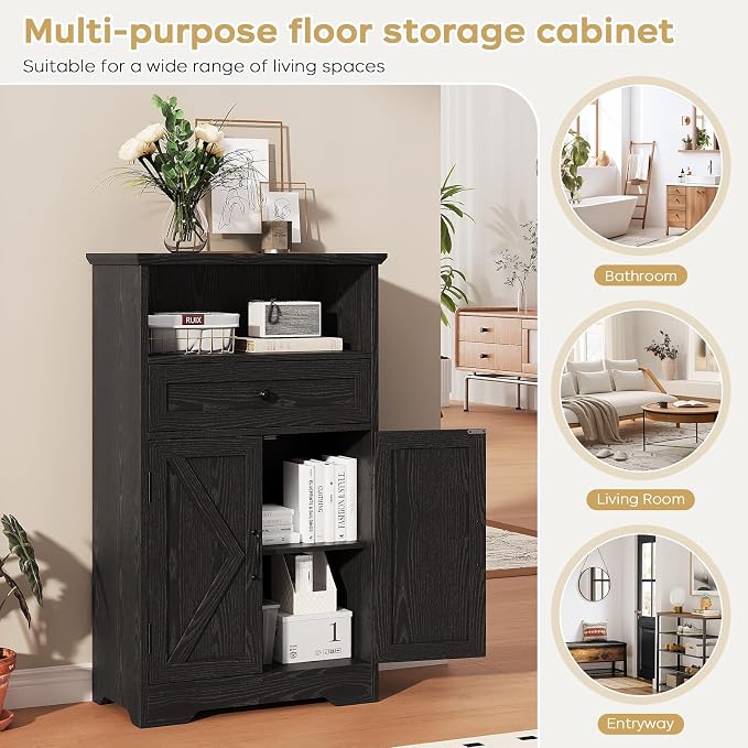 Floor Cabinet, Farmhouse Storage Cabinet with Barn Doors and Drawer, 11.81" D x 23.62" W x 39.37" H Black Freestanding Adjustable Shelf Organizer for Bathroom, Kitchen, Living Room