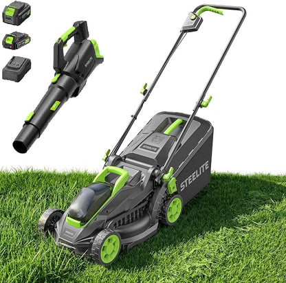 STEELITE 13-Inch Electric Lawn Mower and Leaf Blower Combo, 20V Brushless Cordless Lawn Mower with 4.0Ah & 2.0Ah Batteries and Charger, 500 CFM Blower, for Small Yards