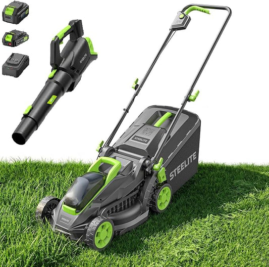 STEELITE 13-Inch Electric Lawn Mower and Leaf Blower Combo, 20V Brushless Cordless Lawn Mower with 4.0Ah & 2.0Ah Batteries and Charger, 500 CFM Blower, for Small Yards