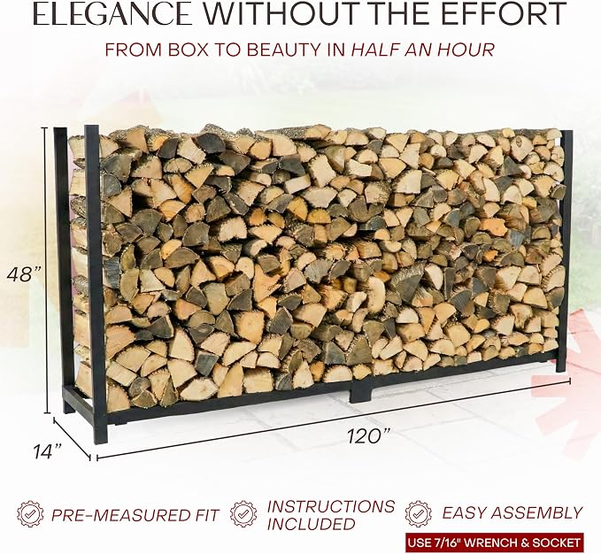 Woodhaven 10-Foot Brown Firewood Rack – Made in USA – 1/2 Cord Raised Lumber Storage Rack – Keeps Wood Dry & Ready – Heavy-Duty Steel, Lifetime Structural Warranty (Without Cover)