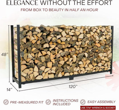 Woodhaven 10-Foot Brown Firewood Rack – Made in USA – 1/2 Cord Raised Lumber Storage Rack – Keeps Wood Dry & Ready – Heavy-Duty Steel, Lifetime Structural Warranty (Without Cover)