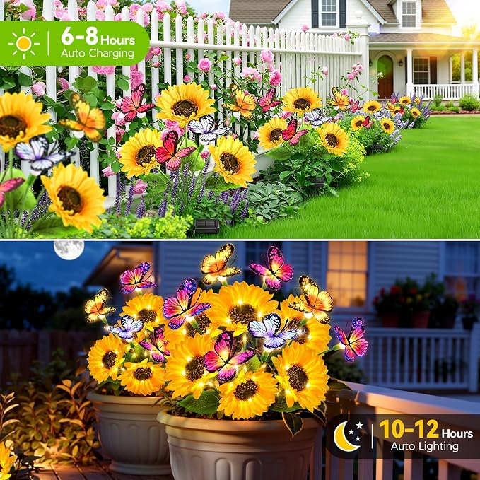Solar Garden Lights Outdoor, 3 Pack Sunflower Solar Lights with Butterflies, Waterproof Solar Flower Lights For Yard Patio Garden Decor, Auto On/Off Solar Flowers Decorative, Gifts For Mom Women