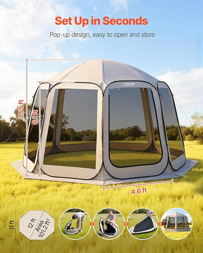 VEVOR Pop up Screen House Tent, 12 x 11 ft, 10-12 Person Screen Gazebo, Portable Screened in Canopy with Carry Bag, Netting Sides, Ground Stakes, for Garden, Patio, Backyard, Outdoor Activities, Beige