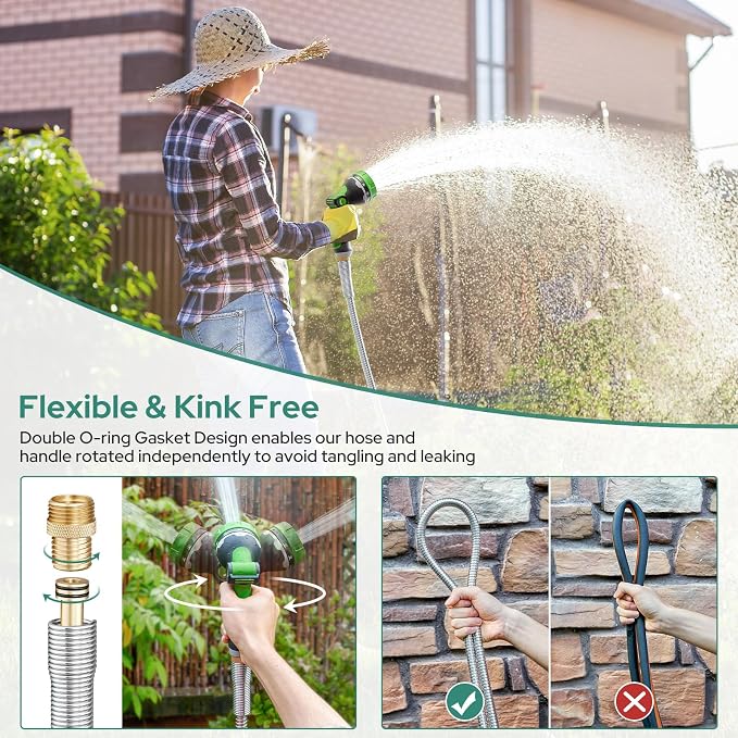 HOMEIDEAS 25 ft Leak-proof Stainless Steel Metal Garden Hose Set - Newly Premium SUS304 Spring Protective Sleeve, Anticorrosive 3/4" Brass Fittings - Perfect for Outdoor Watering