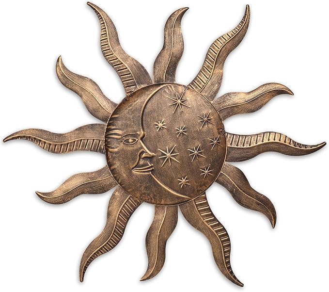 VCUTEKA 27" Sun Metal Wall Art Outdoor Decor Moon Wall Decoration Metal Wall Sculpture Hanging Garden Wall Art Wall Sculpture for Indoor Outdoor Patio Fence Decor Gold