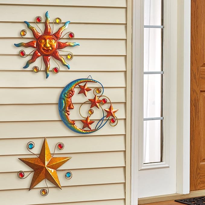 Limygus Set of 3 Celestial Sun Moon Star Metal Silhouette Wall Art, Waterproof Hanging Decor for Home Bedroom Bathroom Office