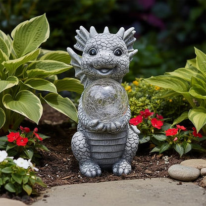 Solar Garden Decorations - Dragon Statue | Crackle Glass Ball Light, Garden Decor for Patio, Yard, Lawn, Pathway, Landescape,Housewarming Gifts for Women Mom Grandmom