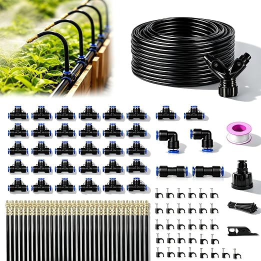 5/16" Drip Irrigation System 130 ft with 32-Pcs 360° Adjustable Copper Nozzles, Automatic Misting Watering System for Garden, Raised Beds, Greenhouse (130ft+32 nozzles)